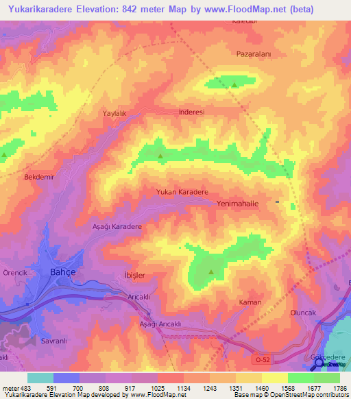 Yukarikaradere,Turkey Elevation Map