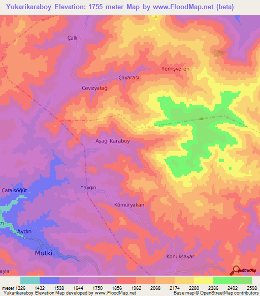 Yukarikaraboy,Turkey Elevation Map