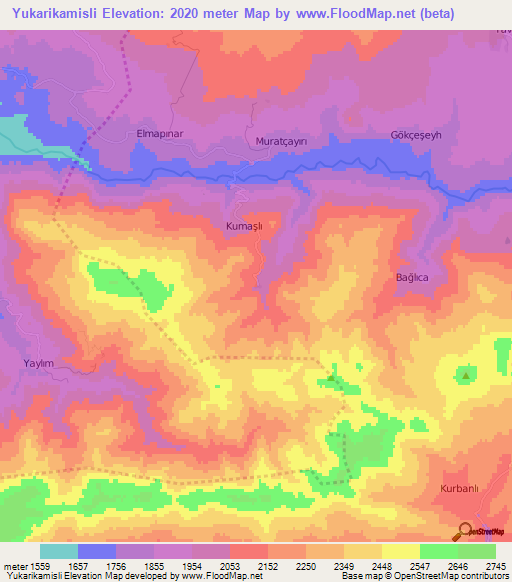 Yukarikamisli,Turkey Elevation Map