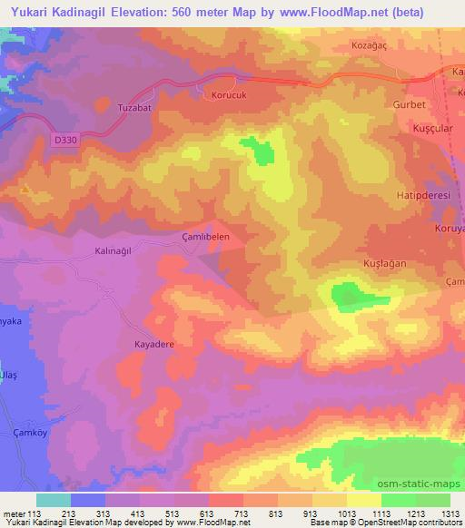 Yukari Kadinagil,Turkey Elevation Map