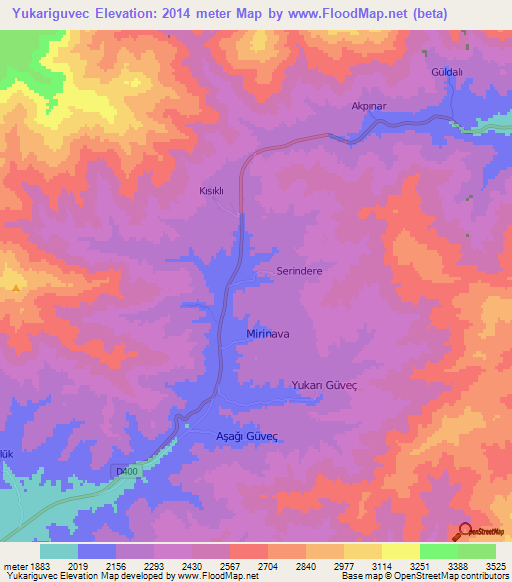 Yukariguvec,Turkey Elevation Map