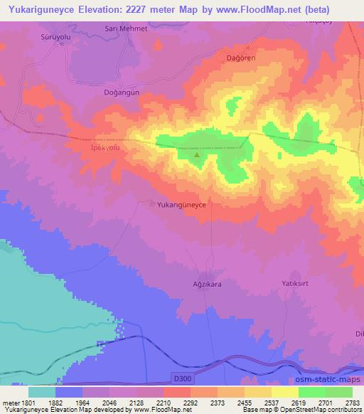 Yukariguneyce,Turkey Elevation Map