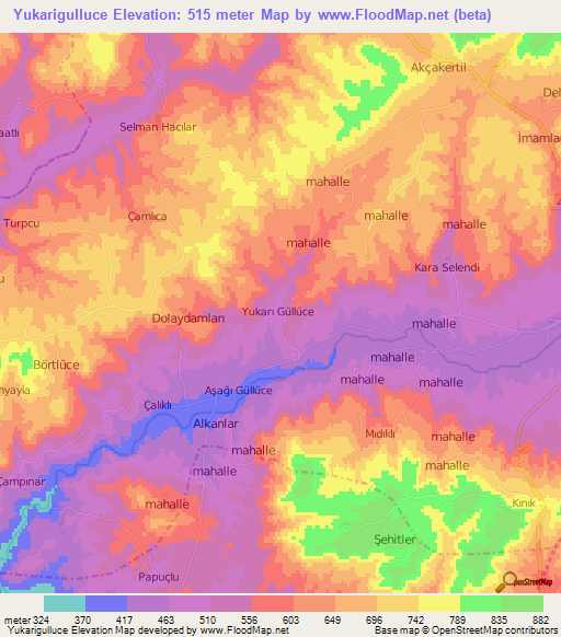 Yukarigulluce,Turkey Elevation Map