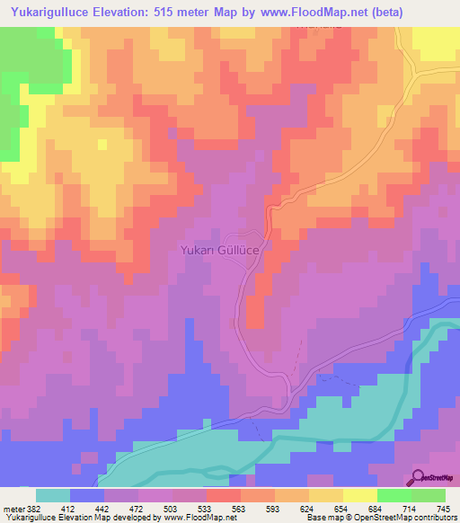 Yukarigulluce,Turkey Elevation Map