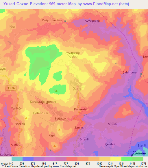 Yukari Gozne,Turkey Elevation Map