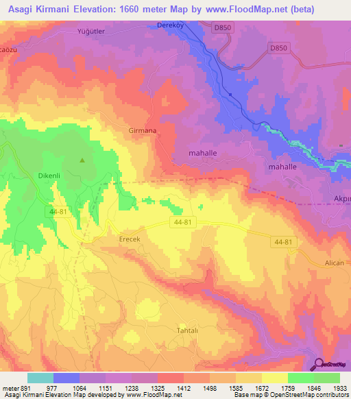 Asagi Kirmani,Turkey Elevation Map