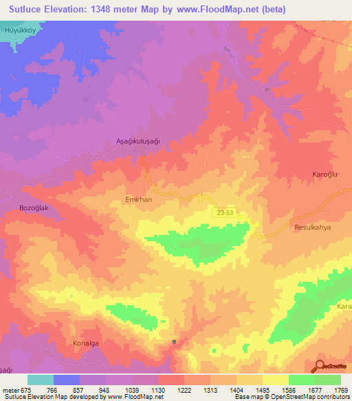 Sutluce,Turkey Elevation Map