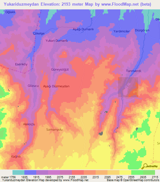 Yukariduzmeydan,Turkey Elevation Map