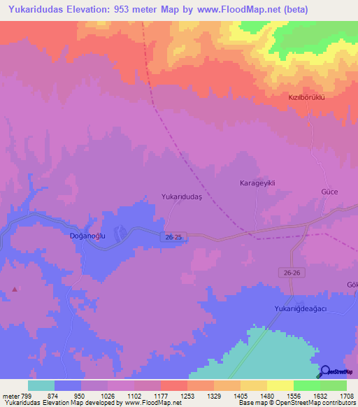 Yukaridudas,Turkey Elevation Map