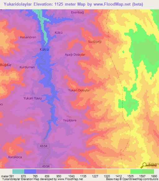 Yukaridolaylar,Turkey Elevation Map