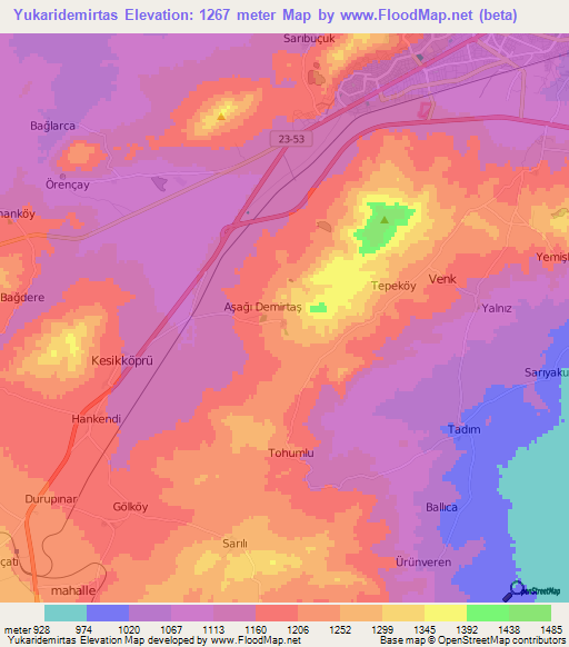 Yukaridemirtas,Turkey Elevation Map