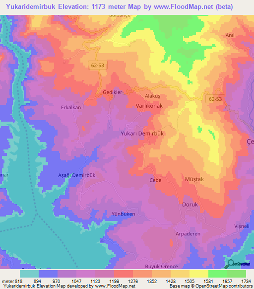 Yukaridemirbuk,Turkey Elevation Map