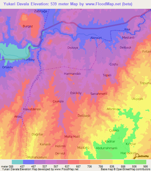 Yukari Davala,Turkey Elevation Map