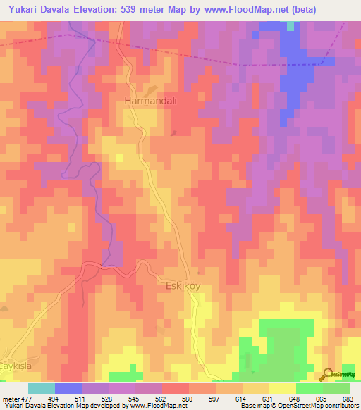 Yukari Davala,Turkey Elevation Map