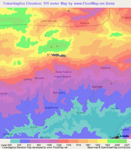 Yukaridaglica,Turkey Elevation Map