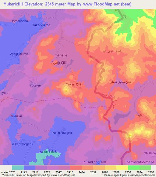 Yukaricilli,Turkey Elevation Map