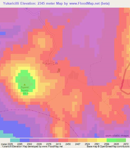 Yukaricilli,Turkey Elevation Map