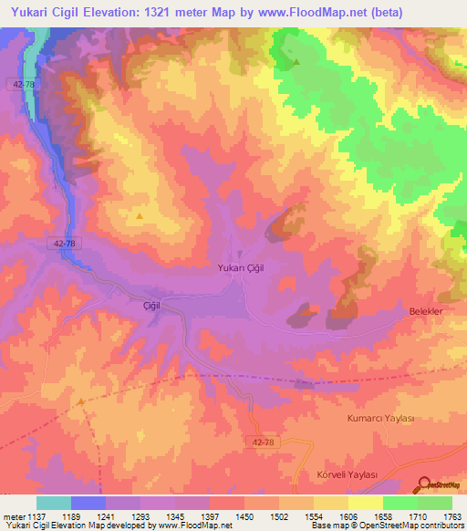 Yukari Cigil,Turkey Elevation Map