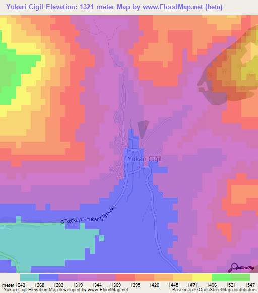 Yukari Cigil,Turkey Elevation Map