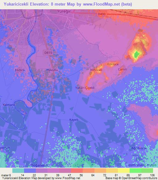 Yukaricicekli,Turkey Elevation Map