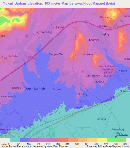 Yukari Burhan,Turkey Elevation Map