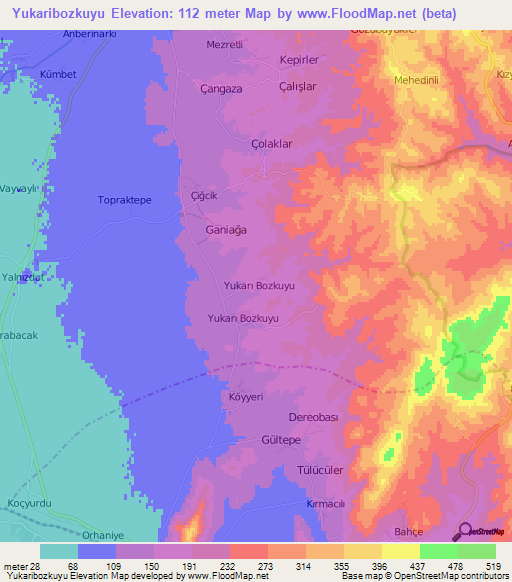 Yukaribozkuyu,Turkey Elevation Map