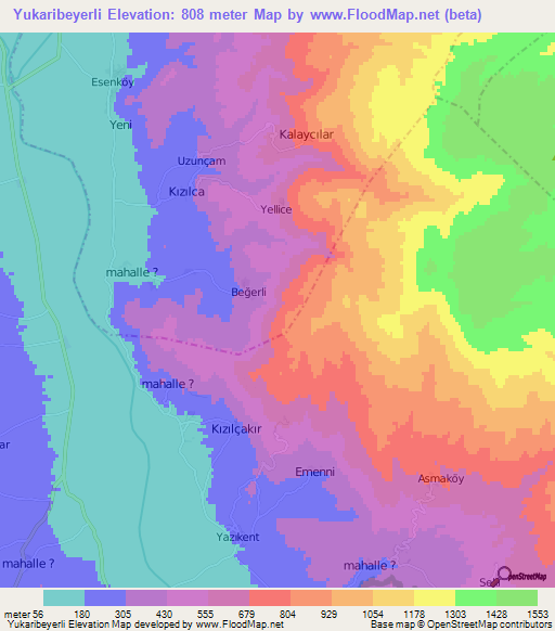 Yukaribeyerli,Turkey Elevation Map