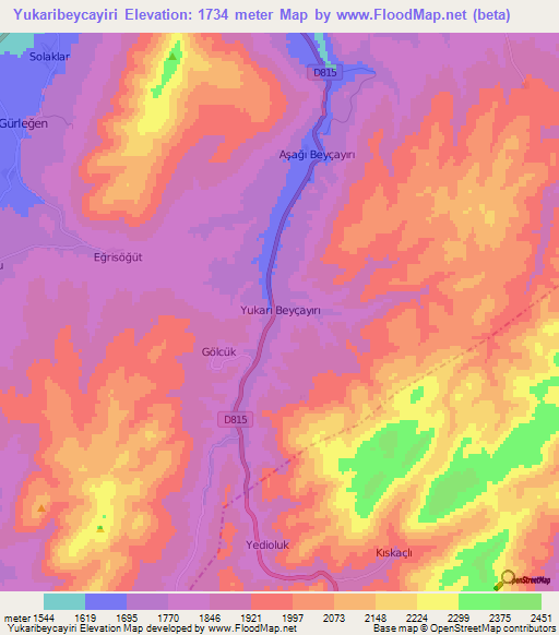 Yukaribeycayiri,Turkey Elevation Map