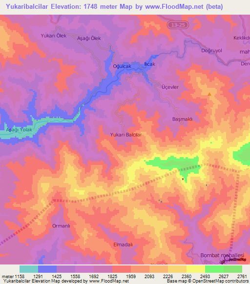 Yukaribalcilar,Turkey Elevation Map