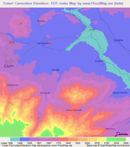 Yukari Camurdere,Turkey Elevation Map