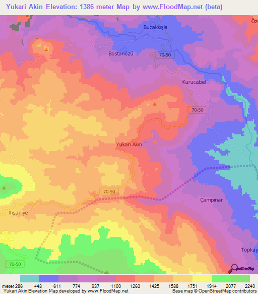 Yukari Akin,Turkey Elevation Map