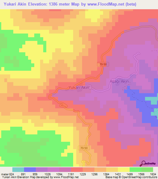 Yukari Akin,Turkey Elevation Map