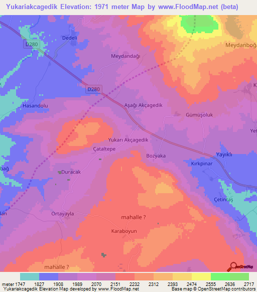 Yukariakcagedik,Turkey Elevation Map