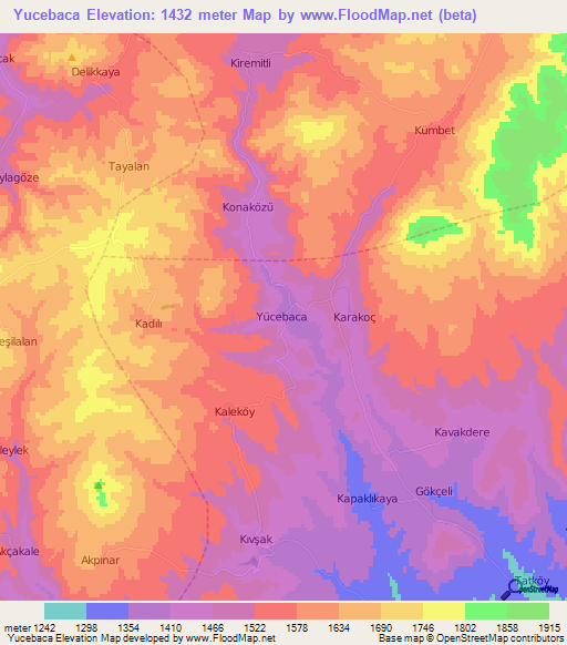 Yucebaca,Turkey Elevation Map