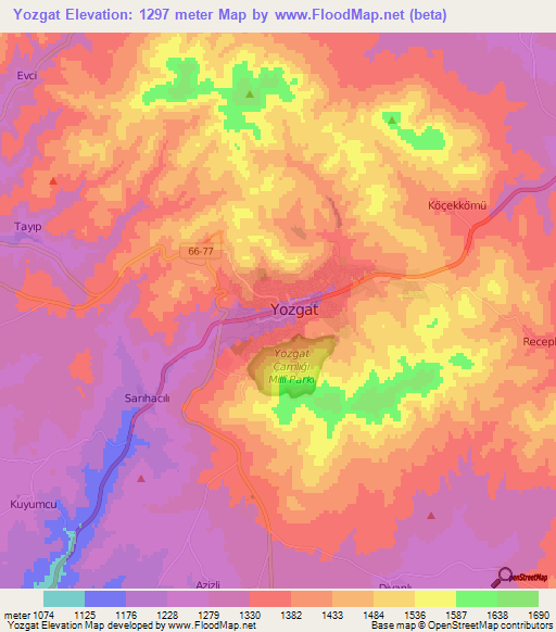 Yozgat,Turkey Elevation Map