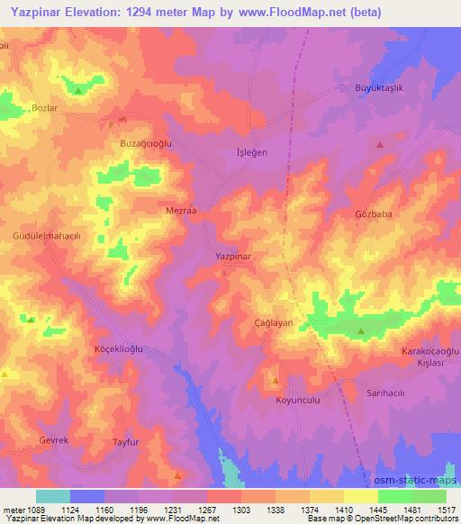 Yazpinar,Turkey Elevation Map