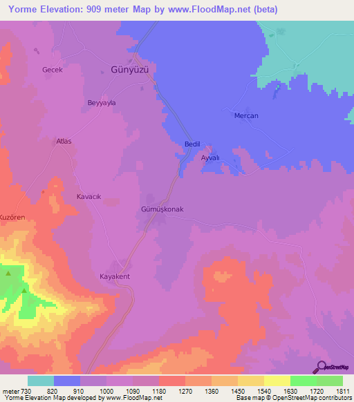 Yorme,Turkey Elevation Map