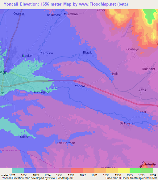 Yoncali,Turkey Elevation Map