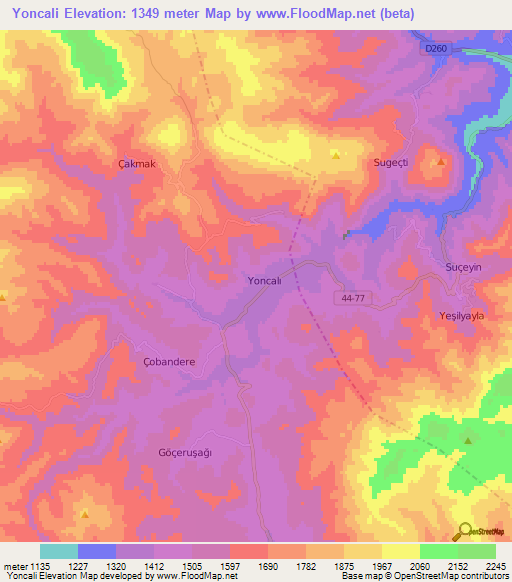 Yoncali,Turkey Elevation Map