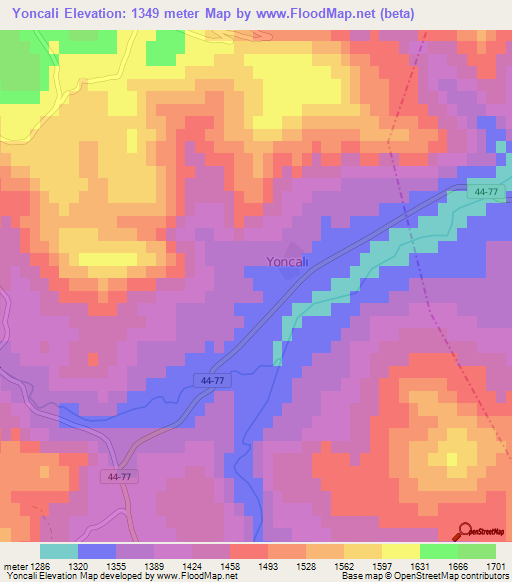 Yoncali,Turkey Elevation Map