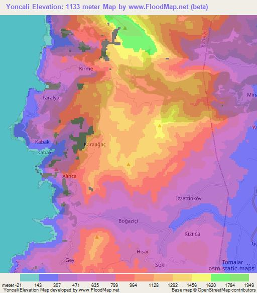 Yoncali,Turkey Elevation Map