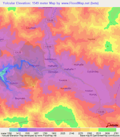 Yolcular,Turkey Elevation Map