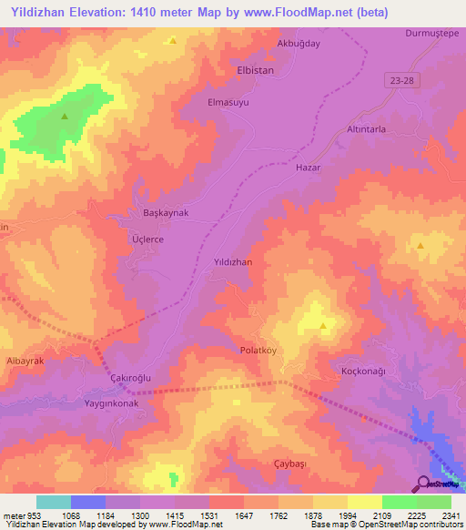 Yildizhan,Turkey Elevation Map