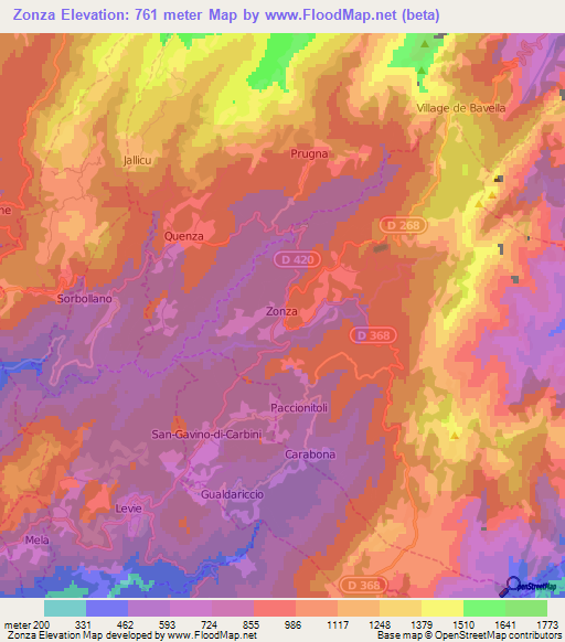 Zonza,France Elevation Map