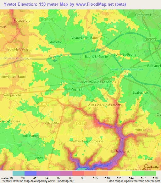 Yvetot,France Elevation Map