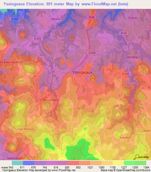 Yssingeaux,France Elevation Map