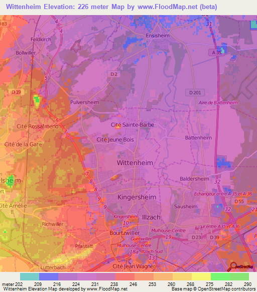 Wittenheim,France Elevation Map