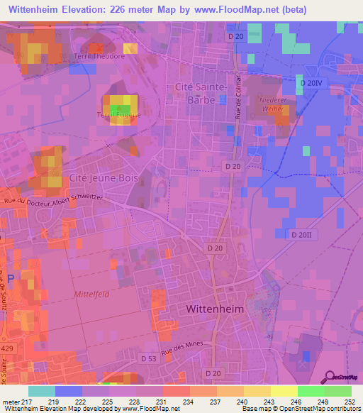 Wittenheim,France Elevation Map