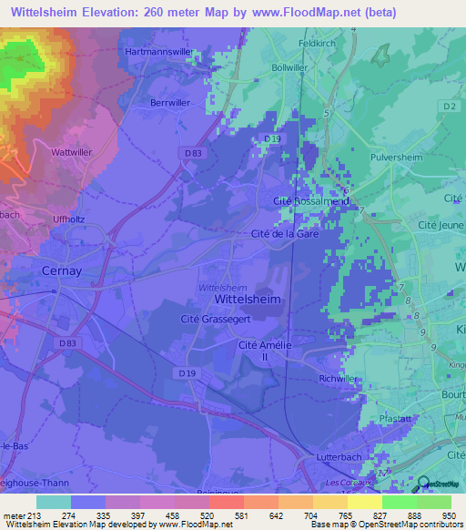 Wittelsheim,France Elevation Map