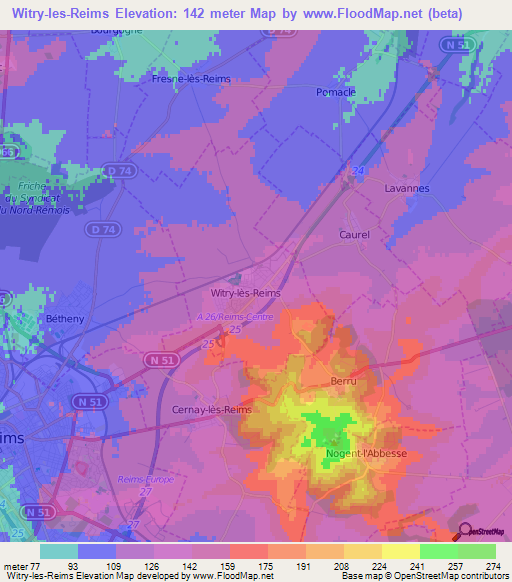 Witry-les-Reims,France Elevation Map